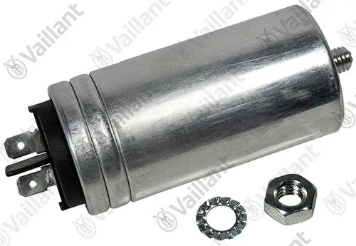 Vaillant Kondensator mit metallischem Gehäuse, zwei Anschlussklemmen und Befestigungselementen, geeignet für elektrische Anwendungen.